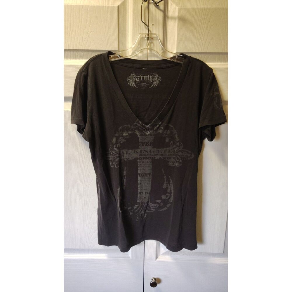 Truth Soul Armor Women's Size XL V-Neck Graphic T-Shirt Charcoal Gray Y2K Cross